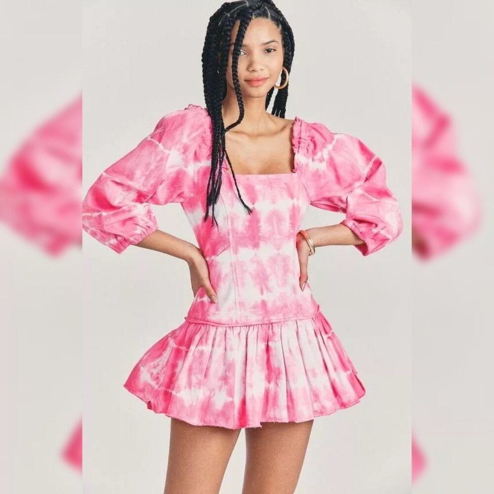 Love Shack Fancy Chai Dress S 4 Women Casual 3/4 Sleeve Tie Dye Short NEW 39447